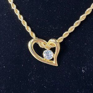 Gold Tone Heart Pendant Necklace with Clear Rhinestone